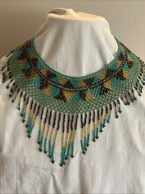 Turquoise, Gold & Black Beaded Fringe Collar Necklace